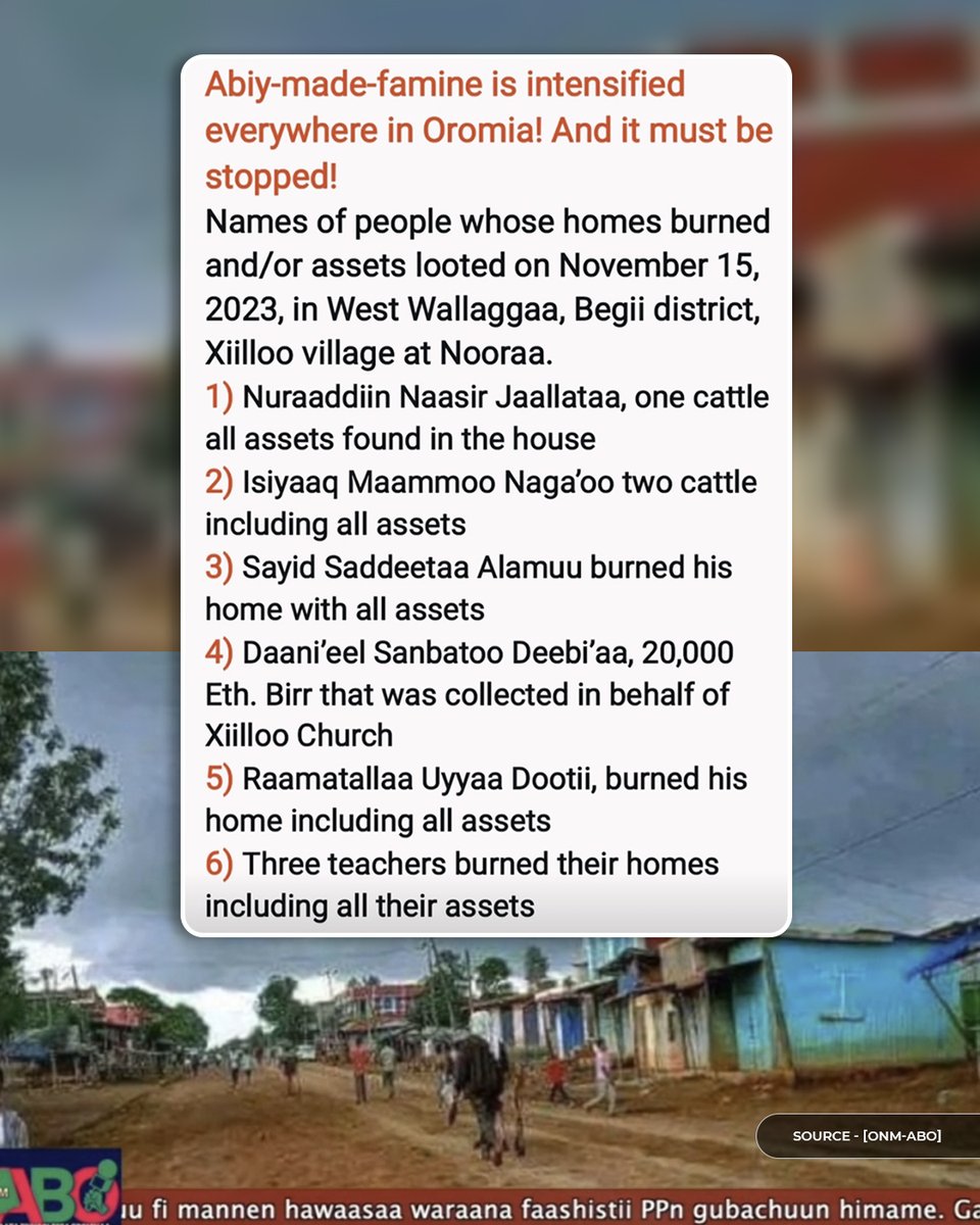JabooJajjabo's tweet photo. This is why #WeStandWithOLF_OLA. On 11/15/23, Z #Ethiopia|n army not only burned down Oromo homes but also took assets in W. Wallaggaa, Begii district, &amp; Xiilloo village. NO SHELTER! NO FOOD! NO MEDICINE. https://t.co/wvaIBT06gh @MikeHammerUS #UN @NorwayMFA @save_children @WHO