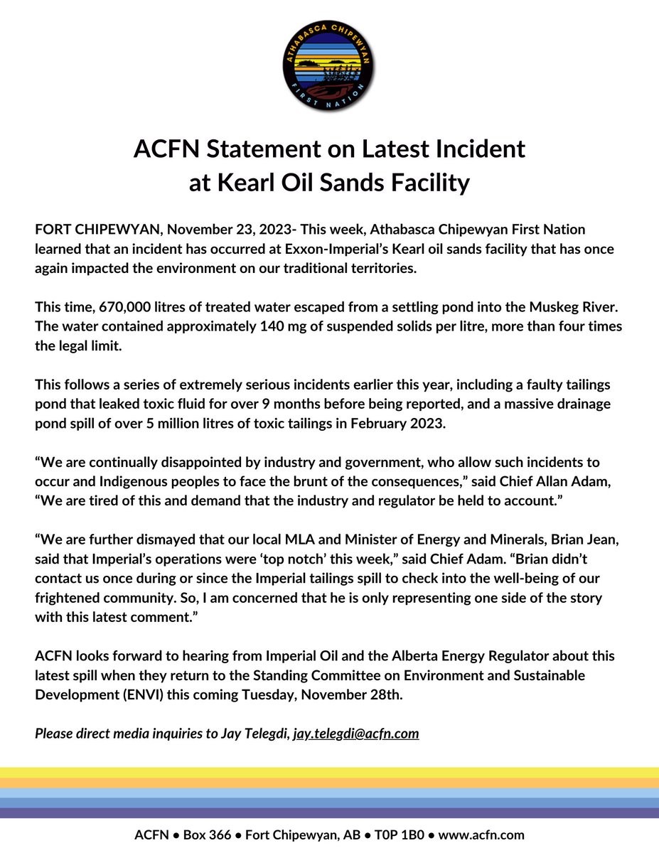 ACFN Statement on the latest incident at the Exxon-Imperial #Kearl oil sands facility.
.
"We are tired of this and demand that the industry and the regulator be held to account."
.
#ableg