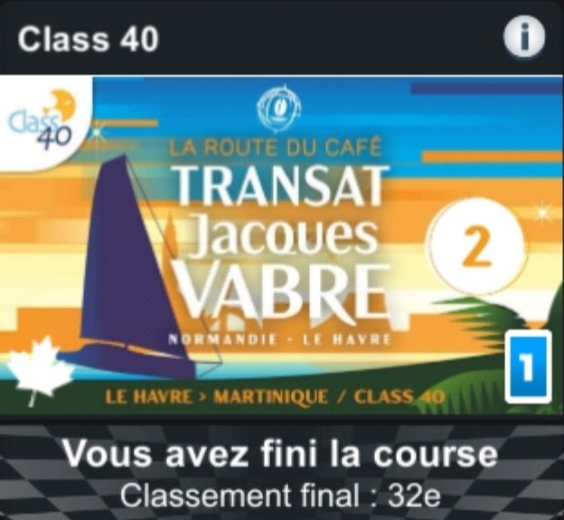 Clap de fin pour ces @TransatJV sur <a href="/VirtualRegatta/">Virtual Regatta</a> avec l'arrivée en Classe40.
Mauvais choix d'options sur la fin, des imprécisions tout le long mais contente de ce résultat final...
Et du résultat global de mes 3 courses : pas d'exploit mais pas de catastrophe. Je m'améliore 😅