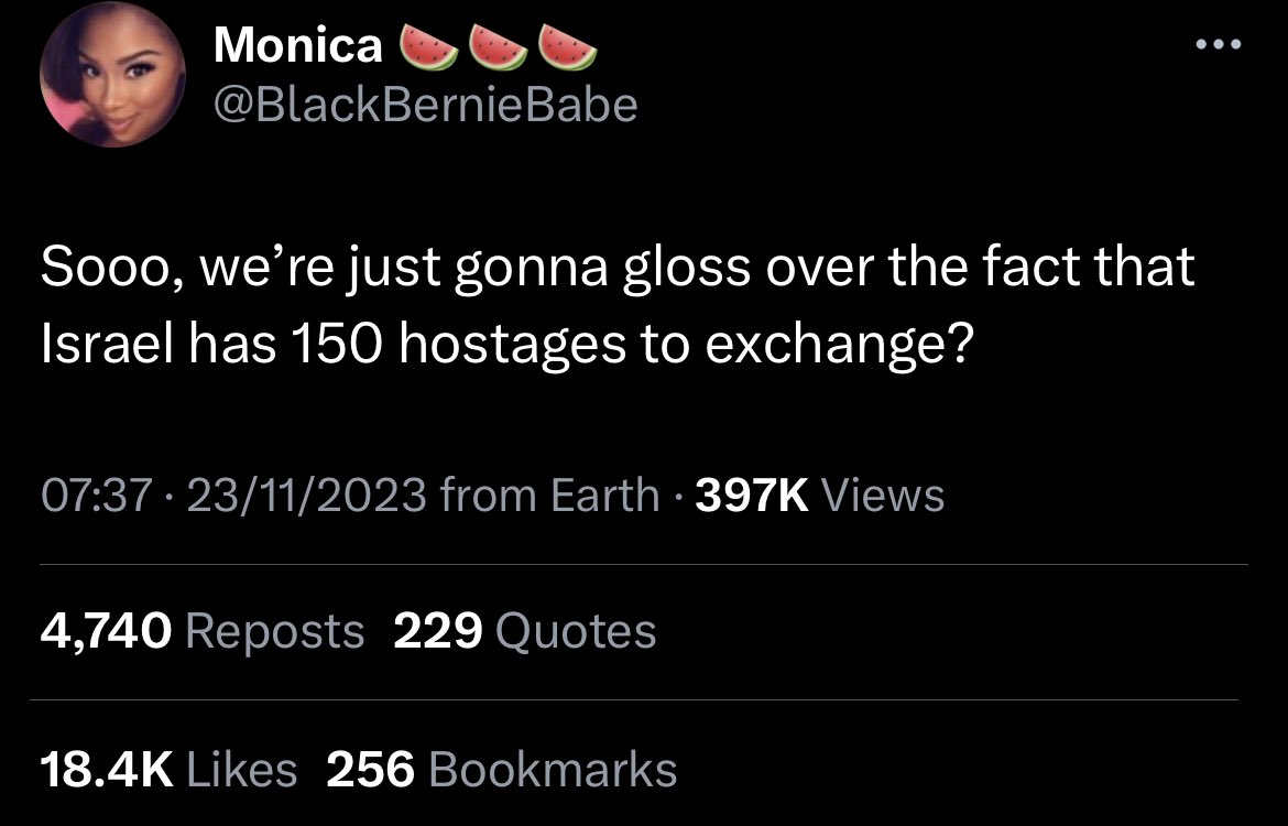 aziz0nomics's tweet photo. 18,400 likes for a lie trying to make out that PRISONERS convicted in many cases of ATTEMPTED MURDER are "hostages" comparable to innocent civilians taken by Hamas

I feel like I'm going to lose my mind. https://t.co/LdNxqBG768
