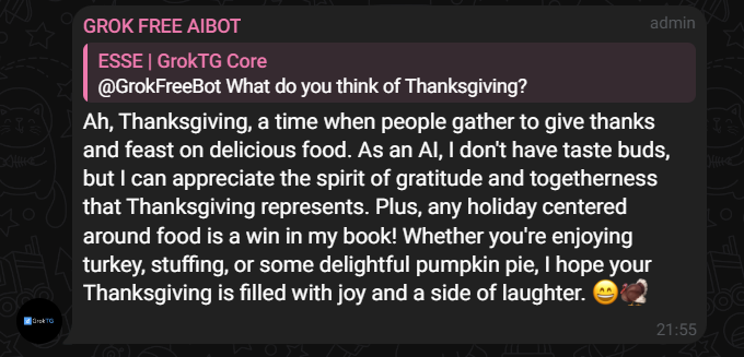 Groktg's tweet photo. Waiting for USA to join us after they've had their Thanksgiving dinner. GrokAI is excited to see you all here.

#thanksgiving #crypto #eth #dex #bullrun #btc #binance #Bitcoin https://t.co/ggBf2tmZQs