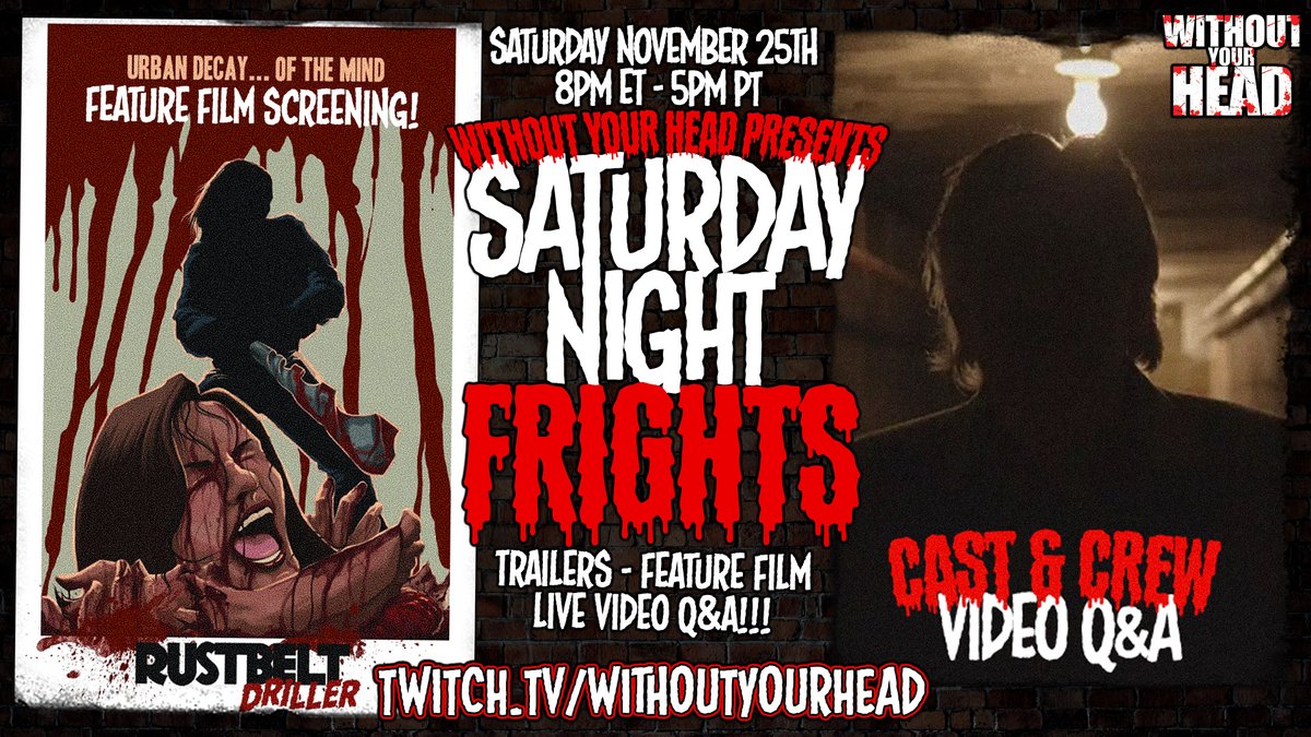 WithoutYourHead's tweet image. Saturday 8ET/5PT Saturday Night Frights: Rust Belt Driller feature film watchalong &amp;amp; Q&amp;amp;A!

Join our new Twitch to interact with the chat!
twitch.tv/withoutyourhead

#RustBeltDriller #FilmScreening #FreeFilm #HorrorFilm #IndieHorror #IndependentFilm #UndergroundFilm