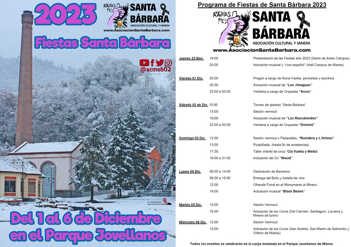 Programa de las Fiestas Santa Bárbara 2023, del 1 al 6 de Diciembre en la Carpa del Parque Jovellanos. 
!Nos vemos¡