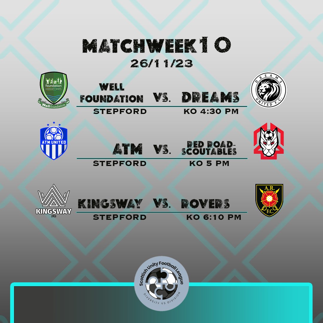 Scottish Unity Football League (@scottishunityfl) on Twitter photo Matchweek πβ
All 3 Fixtures at <a href="/ComplexStepford/">FarePlay Stepford</a> this Sunday!
Well Foundation π Dreams
ATM π Red Road-Scoutables
Kingsway π Rovers
<a href="/ftsc0res/">fulltimesc0res</a> <a href="/scottish_aff/">AmateurFixturesResultsSCO</a> Matchweek πβ
All 3 Fixtures at <a href="/ComplexStepford/">FarePlay Stepford</a> this Sunday!
Well Foundation π Dreams
ATM π Red Road-Scoutables
Kingsway π Rovers
<a href="/ftsc0res/">fulltimesc0res</a> <a href="/scottish_aff/">AmateurFixturesResultsSCO</a>