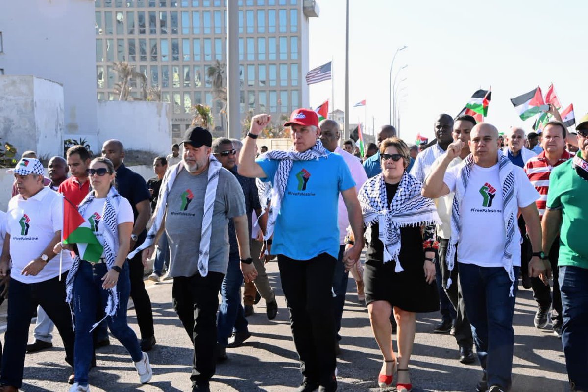 BREAKING: Cuban President leads thousands in march in Havana today in solidarity with Palestine. He declared: “Our hearts &amp; our actions are &amp; will always be with Palestine. Let the genocide committed by Israel, with the open support of the United States, stop once &amp; for all!”
