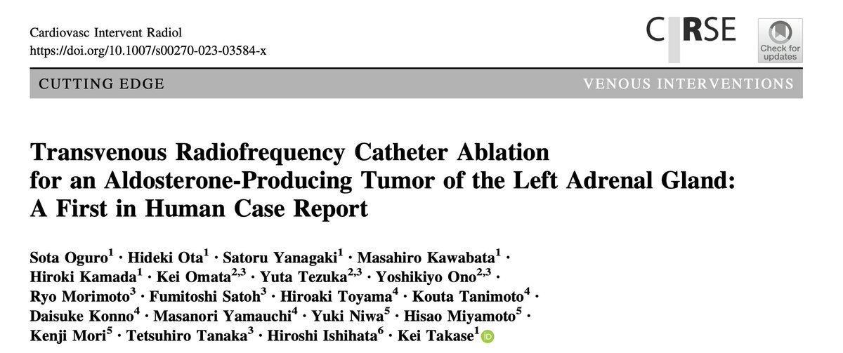 1/7 📢 Exciting development from <a href="/CVIR_Journal/">CVIR Journal</a>! First-ever case of transvenous radiofrequency catheter ablation to treat an aldosterone-producing tumor in the left adrenal gland.

A novel approach in adrenal tumor management!

#AdrenalTumor #RadiofrequencyAblation <a href="/cirsesociety/">CIRSE</a>
