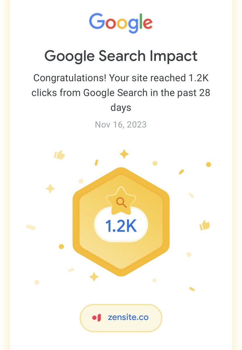 Just hit 1.2k Google clicks in 3 months at zensite.co, with 700 weekly visitors now bringing in 5+ leads a week. 

Aiming higher soon! 

Need tips for your site? 

Comment your link below 👇 and let's boost those numbers! Will be happy to share some more tips