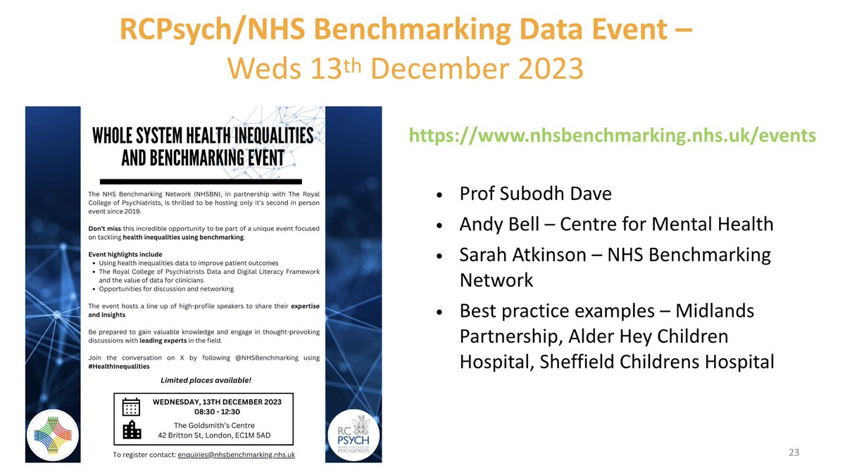 <a href="/Asifmbachlani/">Asif M Bachlani</a> <a href="/rcpsychTrent/">RCPsych Trent</a> <a href="/DrShahidLatif/">Dr Shahid Latif</a> <a href="/rcpsych/">Royal College of Psychiatrists</a> <a href="/RuncimanRoss/">Ross Runciman</a> <a href="/rcpsychSE/">RCPsych South Eastern</a> <a href="/rcpsychLDN/">rcpsychLDN</a> <a href="/rcpsychNW/">RCPsych North West</a> <a href="/Nmathew16/">Nishanth Mathew</a> <a href="/DrMadsBH/">Madeleine Bonney-Helliwell</a> <a href="/HylandDeclan/">Declan Hyland</a> <a href="/haltaiar/">Hasanen Al-Taiar</a> <a href="/psychjoh/">Jean O'Hara FRCPsych 💙 (also on Bluesky)</a> <a href="/reachdrdeepa/">Deepa Bagepalli Krishnan</a> <a href="/drraisirfan/">Dr Rais Irfan</a> <a href="/FaruquiRafey/">Professor Rafey Faruqui</a> <a href="/Sky_N_Air/">Bosky Nair</a> <a href="/EmmelineLagunes/">Emmeline Lagunes 🇲🇽🇬🇧</a> <a href="/BLennox4/">Belinda Lennox</a> <a href="/NatPriya/">Priya Nat</a> <a href="/amitrbiswas/">amit ranjan biswas</a> <a href="/AamerMalikSajad/">Aamer Malik Sajjad</a> <a href="/subodhdave1/">Subodh Dave ☘️🌻🌞 Humanising Medicine</a> Want 2hear why <a href="/rcpsych/">Royal College of Psychiatrists</a> #data &amp; #digital competencies are a critical skills 4all psychiatrists,join us at:
23/11/23 <a href="/sabpNHS/">Surrey and Borders Partnership NHS Foundation</a> 
13/12/23 <a href="/NHSBenchmarking/">NHS Benchmarking</a> 
22/1/24 <a href="/NottsHealthcare/">Nottinghamshire Healthcare</a> 
#rcpsychdata24 
<a href="/DeruKehinde/">Kehinde Junaid🇬🇧🇳🇬 Proud of the NHS🌈</a> <a href="/VimMannali/">Vimal K Mannali</a> <a href="/Kirsten_NHSBN/">Kirsten Windfuhr</a> <a href="/Andy__Bell__/">Andy Bell</a> <a href="/DrFSSophiaSent1/">Dr.Sophia Senthil</a> <a href="/GeorgiaBelam/">Georgia</a>