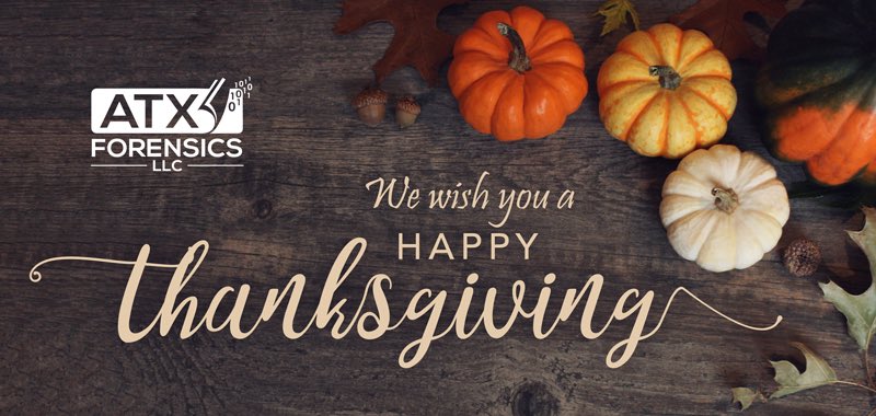 atxforensics's tweet photo. Thank you for being a valued customer. We are grateful for the pleasure of serving you and meeting your needs.

We wish you a Happy Thanksgiving and a joyous holiday season.
 
Many Thanks, Santiago Ayala &amp; the ATX team https://t.co/UFRgWiPPRx