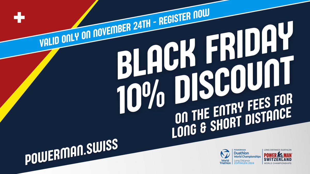 On Friday, November 24, 2023, you will receive a 10% discount on the ENTRY FEES for the LONG DISTANCE AND SHORT DISTANCE of the Powerman Zofingen on September 8, 2024.

Register now on: powermann.swiss