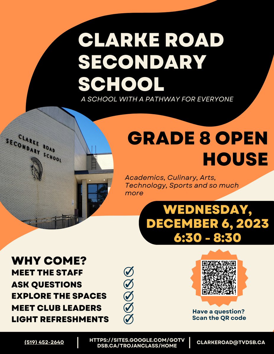 ClarkeRoad's tweet photo. Our Grade 8 Open House is coming up Dec 6 from 6:30-8:30 pm.  Hope to see you there!  More info @  https://t.co/kHatK4zqrd  @TVDSB https://t.co/Gqnu9bkPno