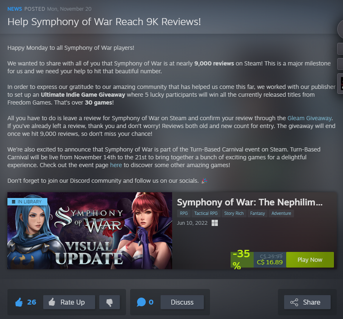 Symphony of war devs thought it smart to review beg. mentioned a sale they were not part of (autumn sale