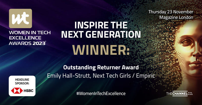 Well done to Emily Hall-Strutt of <a href="/NextTechGirls/">Next Tech Girls</a> / <a href="/EmpiricHQ/">Empiric</a> who wins Outstanding Returner Award. Emily has not only reached and inspired thousands of young girls but has also successfully built partnerships and enhanced their digital presence. #WomenInTechExcellence