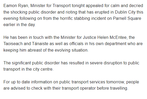 thejournal_ie's tweet photo. Minister for Transport Eamon Ryan has issued a statement regarding the rioting in Dublin this evening: https://t.co/SymWo6MTuD