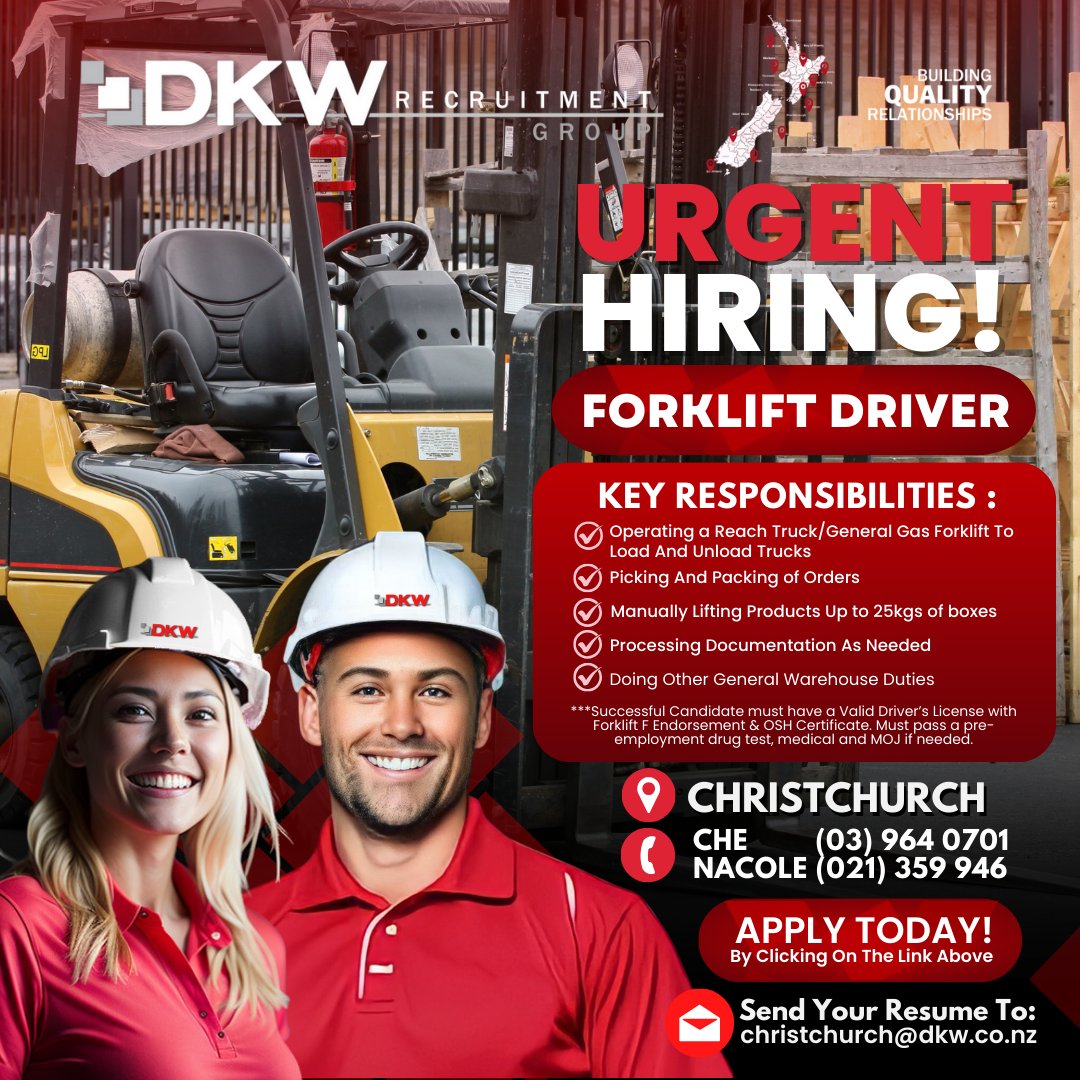 DKW_Recruitment's tweet image. 📢📢ATTENTION! IMMEDIATE POSITION FOR FORKLIFT DRIVER IN CHRISTCHURCH TODAY! 
PLEASE CLICK THE LINK TO APPLY: adr.to/st2sqai

#ForkliftDriver #ChristchurchNZ #ChristchurchJobs #KiwiWorkers #UrgentHiring #HiringNow #NewZealandJobs #NewZealand #DKWRecruitmentGroup