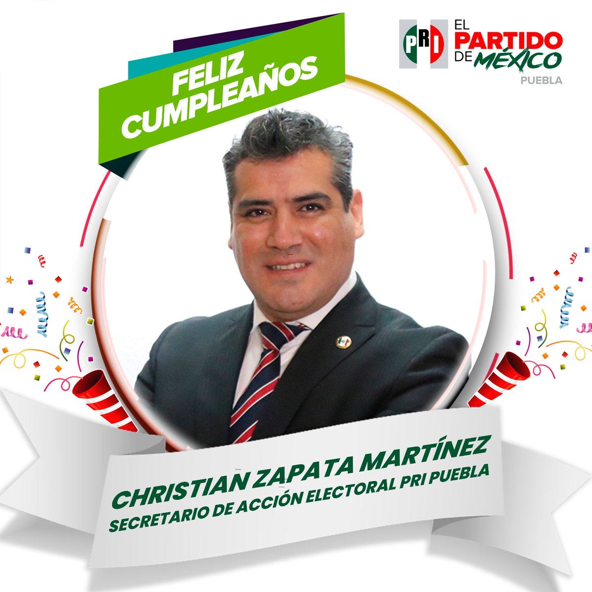 PRIdePUEBLA's tweet photo. Enviamos nuestros mejores deseos al Secretario de Acción Electoral del #PRIPuebla, @ChristianZMar.

¡Qué todos sus sueños y metas se cumplan! https://t.co/VkL4GMGaO6