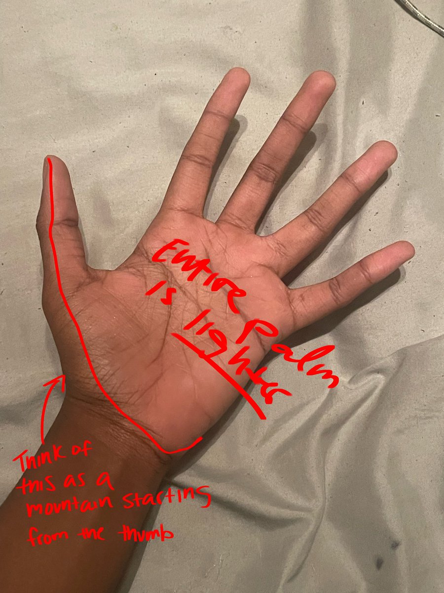 softbrainedrink's tweet image. quick hand guide for non blk artists :3 (ft my hand)
