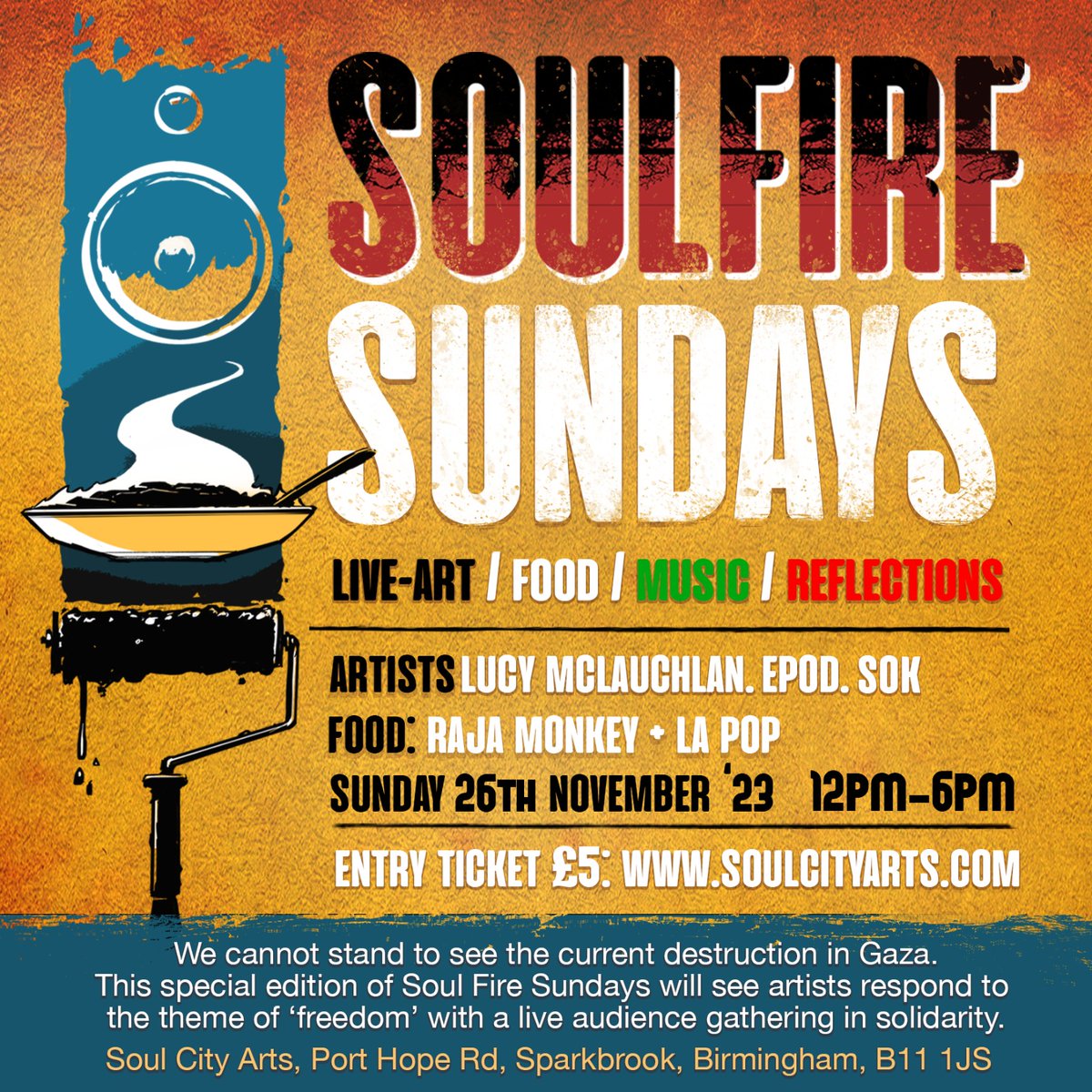 This Sunday! A special edition of Soulfire Sundays is back 🇵🇸 Come and join us at our warehouse space at Port Hope for live art, music, food and music. Tickets: eventbrite.co.uk/e/soul-fire-su…