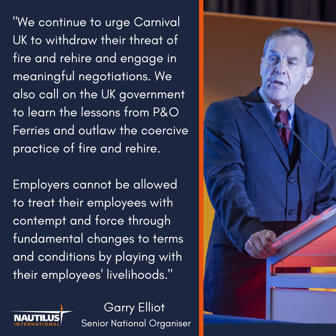 nautilusint's tweet photo. 🚨 BREAKING: CARNIVAL UK THREATENS FIRE AND REHIRE 🚨

Nautilus responds to Carnival UK threat of fire &amp; rehire of 919 maritime professionals.

Statement from Nautilus senior national organiser Garry Elliot 👇 https://t.co/uXakt7em3g