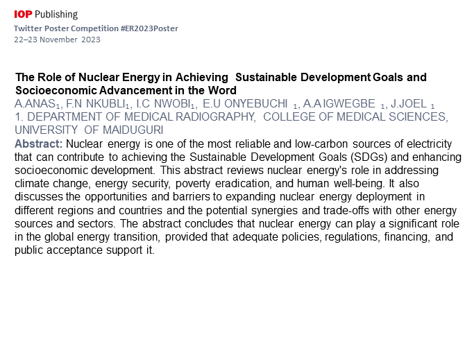 AlyasaaAnas's tweet image. The need for clean, reliable, and efficient energy sources is crucial to address issues such as climate change, energy security, and socioeconomicdevelopment.
#ER2023Poster @IOPenvironment 
#nuclearenergy @AFRAAfrica @iaeaorg @IAEATC @NEI @Profshaukat