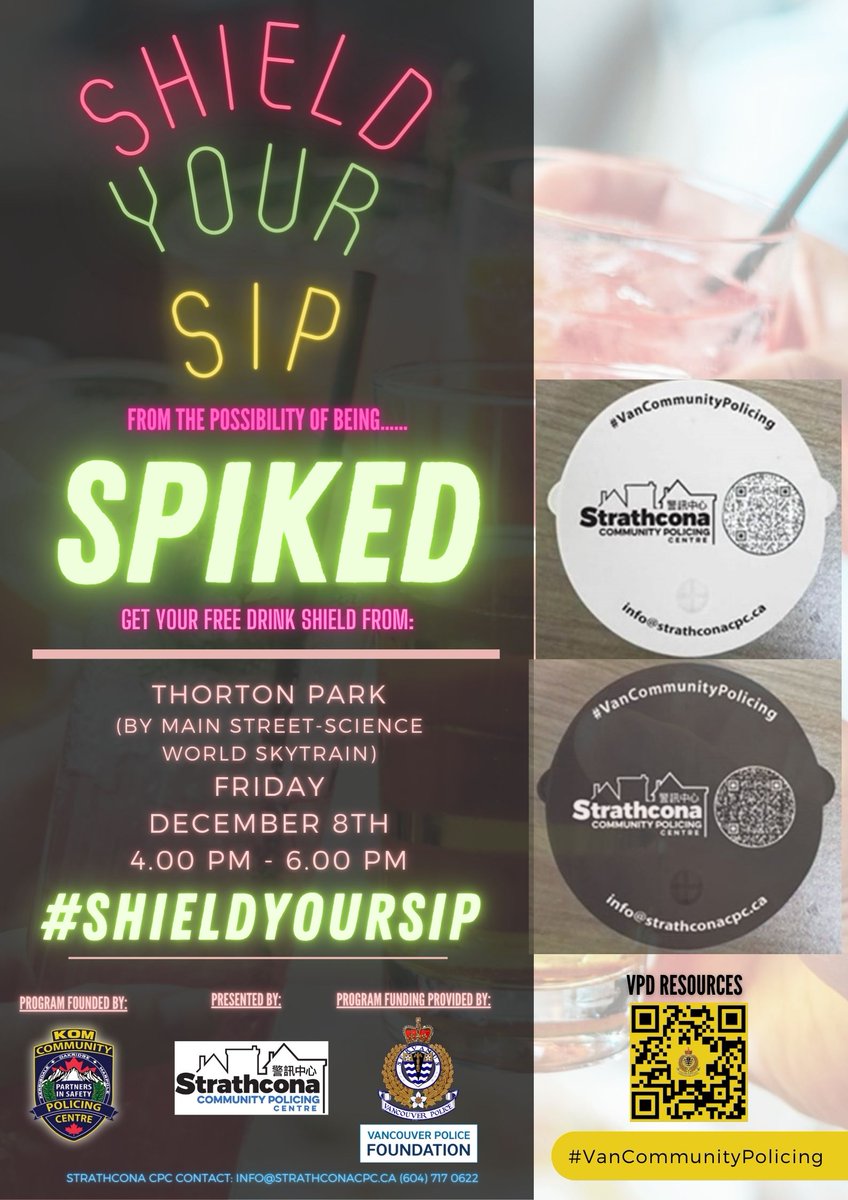 Have you heard about the #ShieldYourSip program founded by @KOMCPC? Predators use #DrinkSpiking as a tool to #SexualAssault and other crimes 🍹 🍷 🍺 💊 
*Join us for the launch of our drink shields on Friday December 8th at Thornton Park!!! 
#ShieldYourSip #VanCommunityPolicing