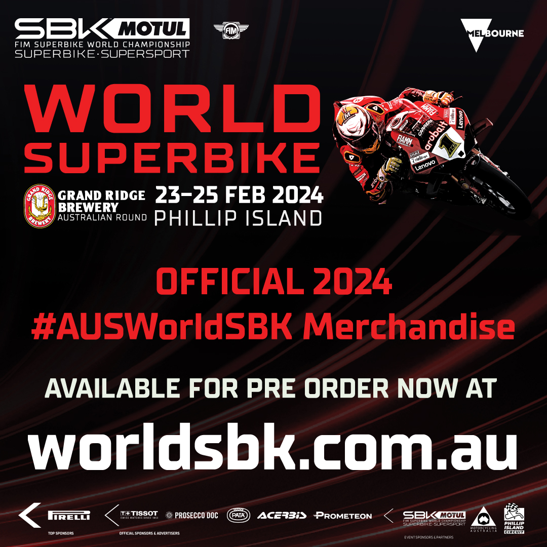 📍 PRE ORDER your 2024 #AUSWorldSBK Merchandise NOW 📍

👀 Visit worldsbk.com.au and head to the shop to browse the official 2024 FIM MOTUL World Superbike Championship, Grand Ridge Brewery Australian Round range of official event inspired clothing, caps and much more! ✨