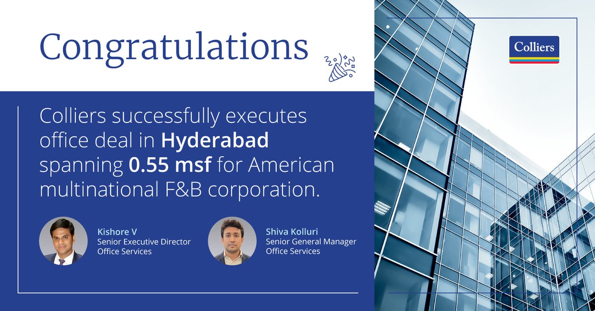 colliers_ind's tweet photo. We are tremendously proud of our Hyderabad office services team for transacting a lavish new office space for a leading global F&amp;B player.

Learn more: https://t.co/CYfanO79fV

#ColliersIndia #IndiaRealEstate #india #hyderabad #officespace #officeleasing #leasingexperts https://t.co/qIiFIKn2oO