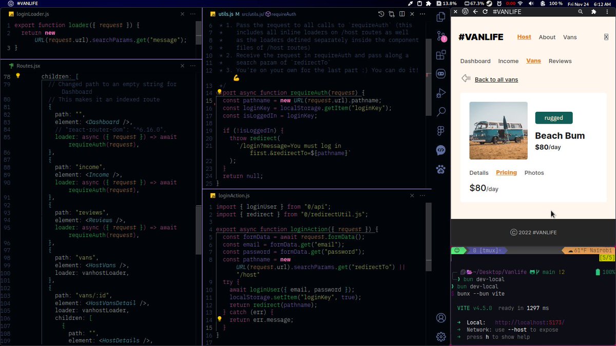 Mark_McCoder's tweet image. Day 29 / #100DaysOfCode
It's been a minute, I'm back though.
Today, I implemented login forms using the react-router `Form` hook. Which is so much easier. When implementing the login functions I got to use: useNavigation, Actions, Loaders and worked with URLs and search params