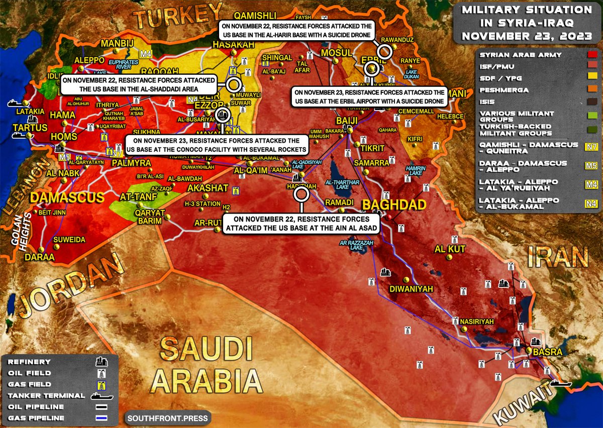 sham_syrianews's tweet photo. 24/11 #IslamicResistance attacked the US bases in the #AlOmar
23/11 #IslamicResistance attacked the US bases at the #Erbil and #CONOCO
22/11 #IslamicResistance attacked the US bases in the #alHarir, #AinAlAsad and #alShaddadi area; https://t.co/xbuWymtFBd