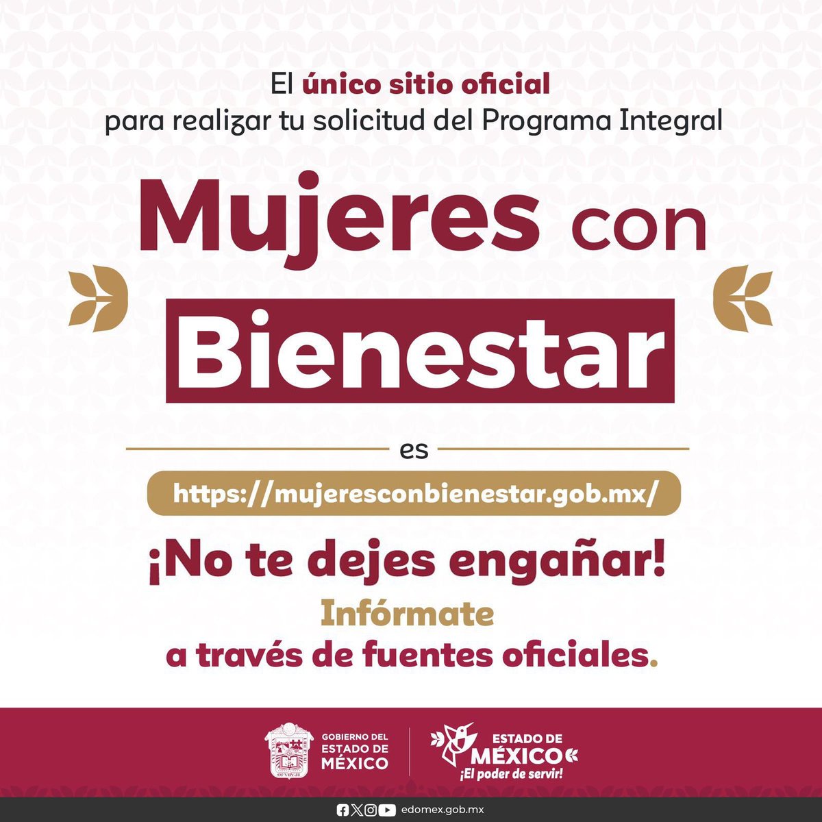 SEMOV_Edomex's tweet photo. ¡Que no te sorprendan! 

El único sitio oficial para el programa #MujeresConBienestar es: 
https://t.co/yWq1tSbUXt donde a través del cual puedes ingresar tu solicitud para el programa. ¡Cuida tu información personal! #ElPoderDeServir https://t.co/ISpFAkPtPy
