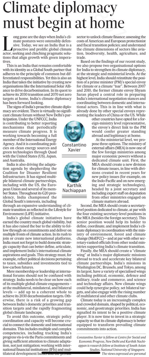 Constantino Xavier (@constantinox) on Twitter photo India’s climate diplomacy has been proactive & positive.
It joined and created new climate clubs (ISA, CDRI), raised expectations.
Now it must expand domestic capacity to strategize & coordinate action.
Time for a special envoy?
<a href="/karthiknach/">Karthik Nachiappan</a> & I write:
hindustantimes.com/opinion/climat… India’s climate diplomacy has been proactive & positive.
It joined and created new climate clubs (ISA, CDRI), raised expectations.
Now it must expand domestic capacity to strategize & coordinate action.
Time for a special envoy?
<a href="/karthiknach/">Karthik Nachiappan</a> & I write:
hindustantimes.com/opinion/climat…