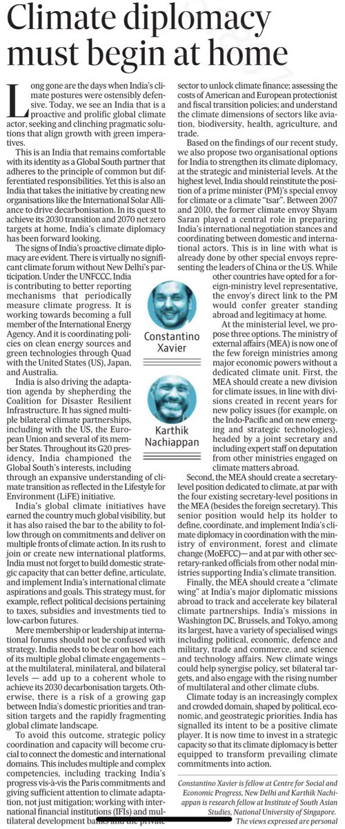 India’s climate diplomacy has been proactive & positive. It joined and created new climate clubs (ISA, CDRI), raised expectations. Now it must expand domestic capacity to strategize & coordinate action. Time for a special envoy? @karthiknach & I write: hindustantimes.com/opinion/climat…