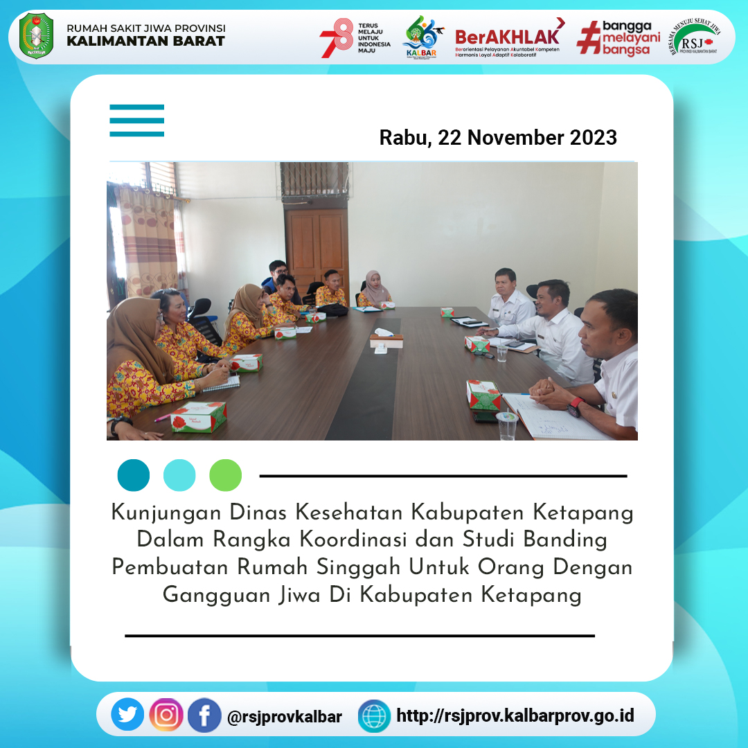 rsjprovkalbar's tweet photo. Kunjungan Dinas Kesehatan Kabupaten Ketapang Dalam Rangka Koordinasi dan Studi Banding Pembuatan Rumah Singgah Untuk Orang Dengan Gangguan Jiwa di Kabupaten Ketapang.
#rsjprovkalbar
#rsjsingkawang
#rsjiwasingkawang
#studibanding
#koordinasi
#dinkesketapang
#odgj https://t.co/HZUmd7xwdA