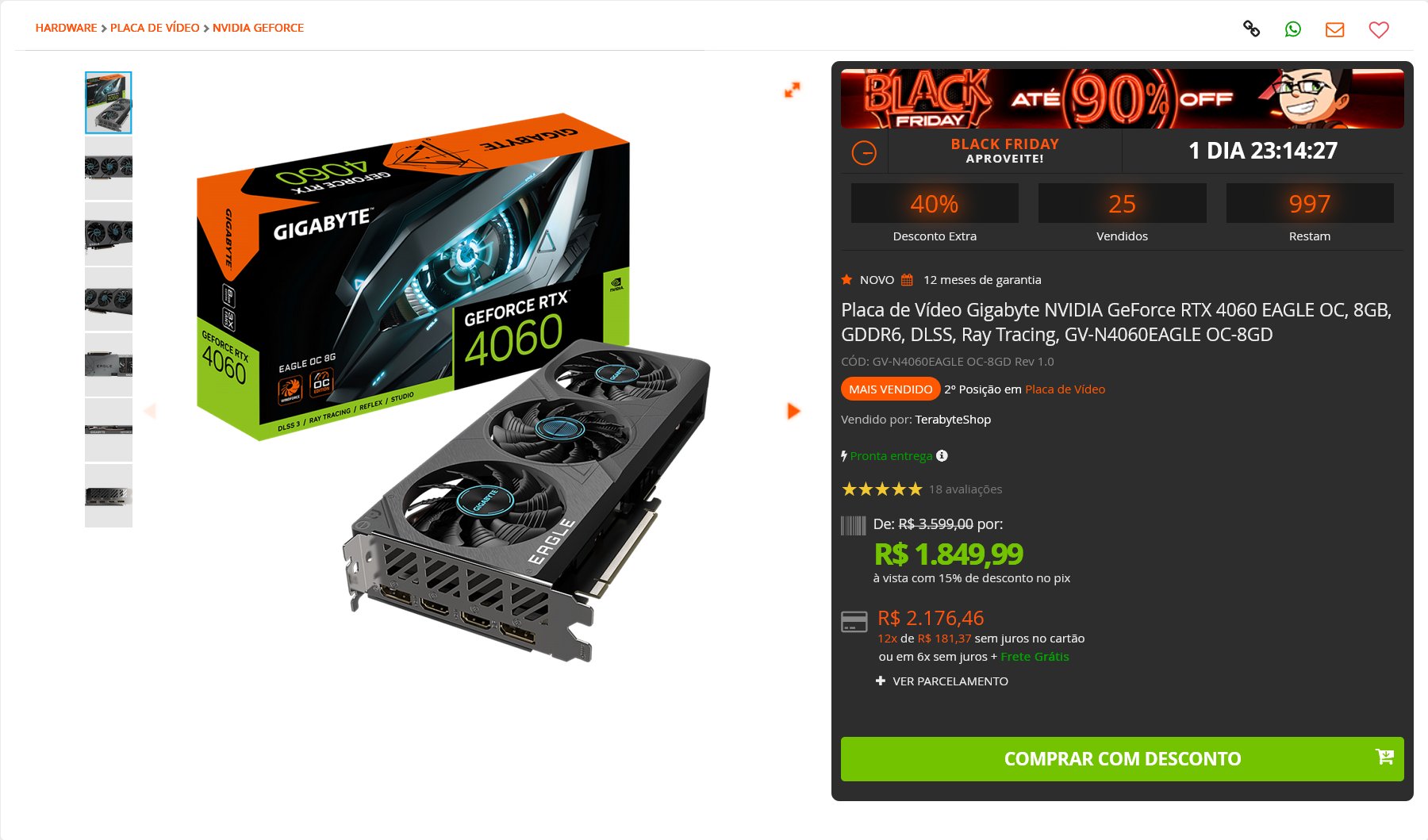 Placa de Vídeo Gigabyte NVIDIA GeForce RTX 4060 EAGLE OC, 8GB, GDDR6, DLSS,  Ray Tracing, GV