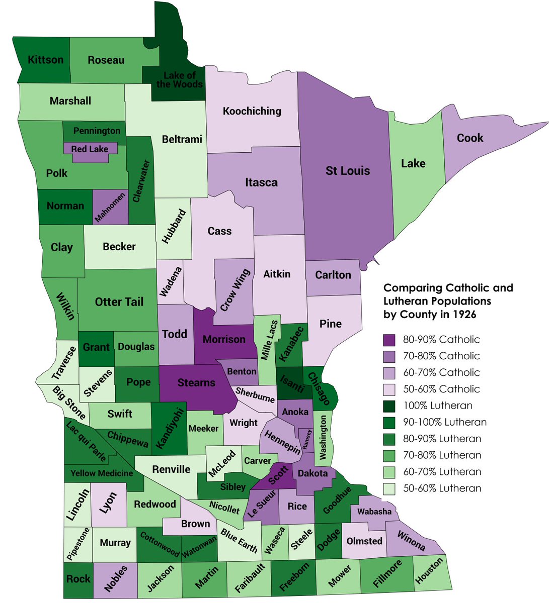 MinnesotaMapper's tweet image. Happy Turkey Day! 
Here is a map comparing Lutheran vs Catholic membership sizes in 1926 by County. It's Similar to what we see today but the groups are now better spread out between the counties!
#MinnesotaDemography
#ElectionTwitter