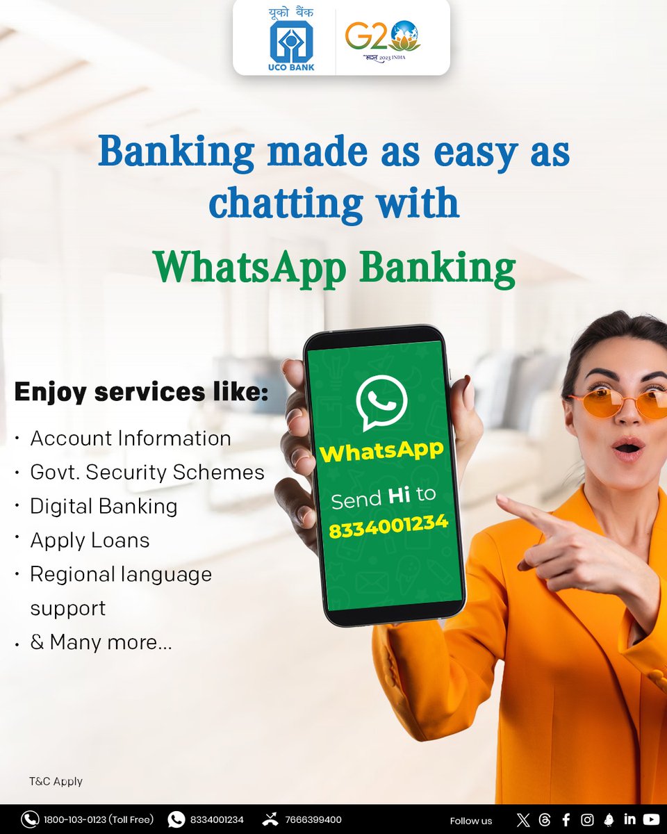 UCOBankOfficial's tweet image. Chat, #Transact, and manage your #Money seamlessly with #WhatsAppBanking. Send ‘Hi’ to 8334001234 and receive your account information in real time. #BankingMadeEasy #DigitalBanking #UCOBank Honours Your Trust #UCOTURNS80