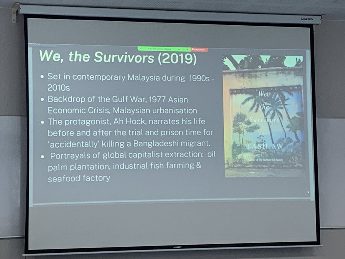 MermanNott's tweet photo. Nanthanoot Udomlamoon discusses oil and data extractivism under the reign of Capitolcene in We, the Survivors by Tash Aw. #5thASLEASEAN #ecocriticism #environmentalhumanities #envihum #anthropocene https://t.co/HmpO9cZO50