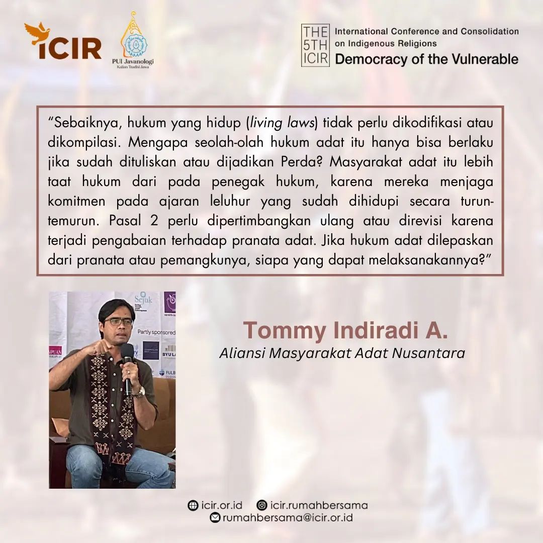 Posted @withregram • @icir.rumahbersama [THE 5th ICIR HIGHLIGHTS]

The codification of customary law in regional regulations is deemed complex, given the diverse interpretations of 'living law' in the Penal Code. Doubts exist regarding the creation of living laws at the regional