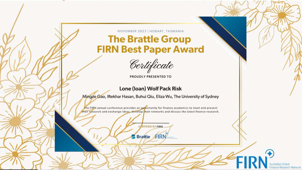 Elvira Sojli (@esojli) on Twitter photo <a href="/FIRN_AUS/">FIRN</a> is very proud to partner with <a href="/TheBrattleGroup/">The Brattle Group</a> for the best paper award at #FIRN2023! Congratulations to the winners <a href="/ElizaWu3/">Eliza Wu</a> and co-authors <a href="/sydney_business/">The University of Sydney Business School</a> for an insightful paper on an early warning system for #bank #risk. <a href="/FIRN_AUS/">FIRN</a> is very proud to partner with <a href="/TheBrattleGroup/">The Brattle Group</a> for the best paper award at #FIRN2023! Congratulations to the winners <a href="/ElizaWu3/">Eliza Wu</a> and co-authors <a href="/sydney_business/">The University of Sydney Business School</a> for an insightful paper on an early warning system for #bank #risk.