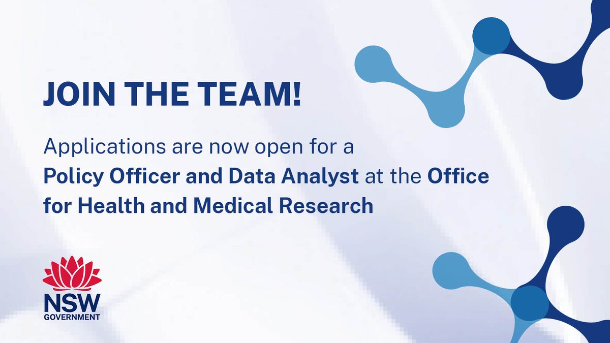 NSW Medical Research (@medresearchnsw) on Twitter photo The Office for Health and Medical Research is seeking a a driven Policy Officer with highly developed data analytics skills, who is passionate about problem solving & applying their skills in data cleansing, manipulation & visualisation/analysis: jobs.health.nsw.gov.au/moh-int/jobs/p… The Office for Health and Medical Research is seeking a a driven Policy Officer with highly developed data analytics skills, who is passionate about problem solving & applying their skills in data cleansing, manipulation & visualisation/analysis: jobs.health.nsw.gov.au/moh-int/jobs/p…