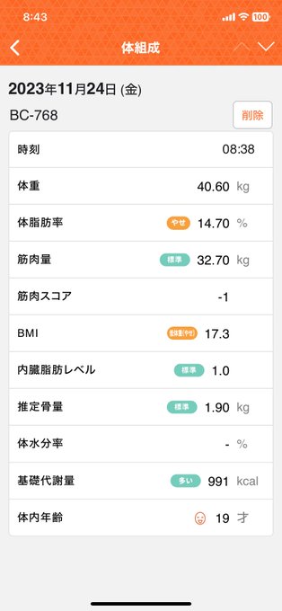 うむよし(目標値40kg体脂肪率15%筋肉量33kgBMI17) https://t.co/Fr1hQ1LGG9