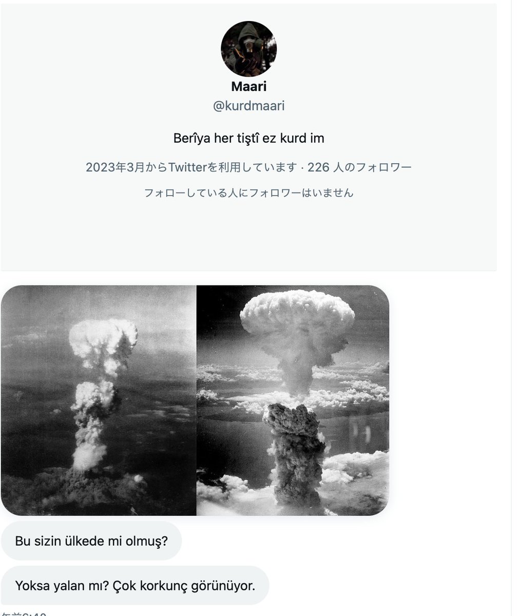 ishiitakaaki's tweet photo. またクルド人が、原爆写真を送ってきました。

「これはあなたの国でも起こりましたか? それとも嘘ですか? とても怖そうです」

また彼らは日本で嫌われるのに、そのような想像力もない人たちです。
＠kurdmaari https://t.co/VPtqnfa8v2