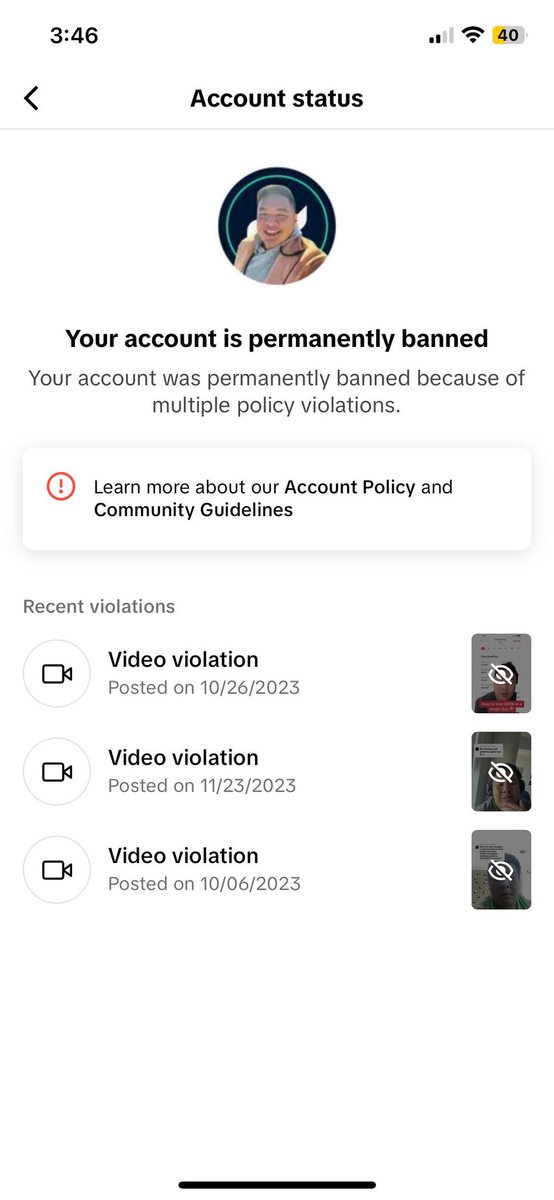 FullPortJ's tweet photo. @TikTokSupport @tiktok_us My account got banned even though I only have 2 confirmed strikes on my account. One video was appealed and was supposed to be restored but it counts as a strike. 

#buildinpublic #tiktok https://t.co/89dAazugJV