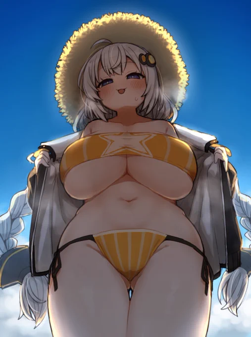 依頼絵納品しました! 「水着姿のボイスロイドの継星あかりちゃんを描いていただきたいです。 胸を強調するようなポーズでお願いします。それ以外はお任せいたします。」 とのことでしたので描きました!  デカパイ気持ちい～ 描くの