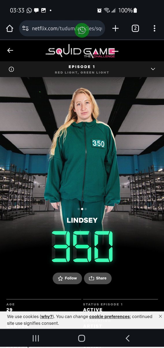 lindsey_ranks's tweet photo. ๐ฆ๐ฎโญ๏ธ PLAYER 350 on @netflix Squid Game the Challenge: Lindsey Ranks ๐
@squidgamenetflix ๐
Watch me kick ass for Canada streaming on Netflix!
#squidgame #squidgamethechallenge #SGTC #Netflix #Squid #Game #rlgl #dalgona #player350 #redlightgreenlight #squidgamesthechallenge https://t.co/sOnDAEAQcM
