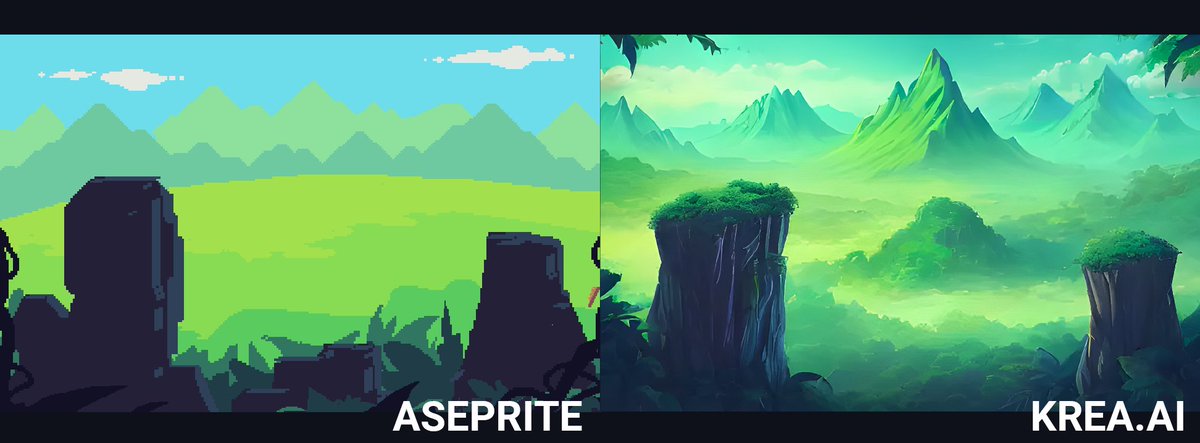 BuzzJeux's tweet photo. @krea_ai you keep me awake, too much hype lol
Before/after with jungle scenery landscape #pixelart #aseprite #Jungle #Scenery #landscape #AIArtCommuity #AIArtworks #aiartist https://t.co/4r0hCZPMyD