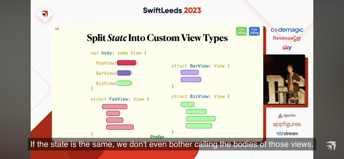 SwiftUI performance 技巧原則上就是寫 Pure function 讓 iOS 可以優化，用 React 的術語就是 Pure function component 

前端的概念大多都可以互通
