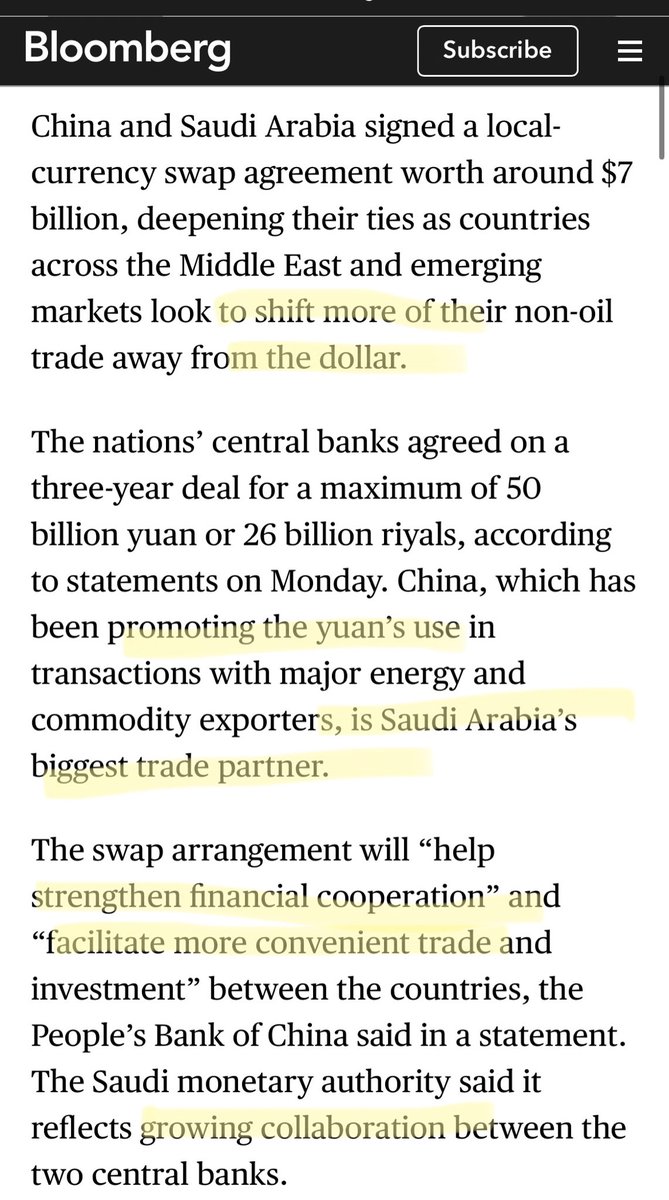 ArmchairAn4lyst's tweet image. (1/9) #NEW from #Bloomberg @BloombergUK #China and #Saudi Arabia Sign Currency Swap Worth $7 Billion

More indicators of #dedollarisation as the global order starts to shift at an accelerated pace in light of the crisis in the #MiddleEast