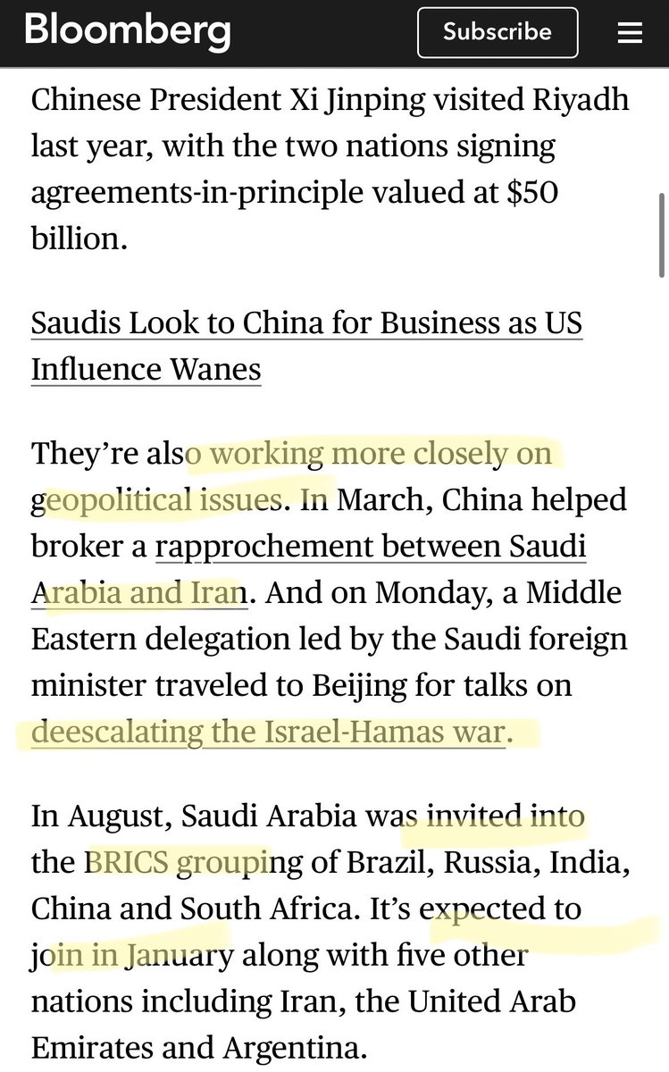 ArmchairAn4lyst's tweet image. (1/9) #NEW from #Bloomberg @BloombergUK #China and #Saudi Arabia Sign Currency Swap Worth $7 Billion

More indicators of #dedollarisation as the global order starts to shift at an accelerated pace in light of the crisis in the #MiddleEast