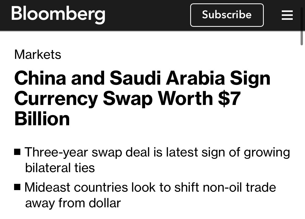 ArmchairAn4lyst's tweet image. (1/9) #NEW from #Bloomberg @BloombergUK #China and #Saudi Arabia Sign Currency Swap Worth $7 Billion

More indicators of #dedollarisation as the global order starts to shift at an accelerated pace in light of the crisis in the #MiddleEast